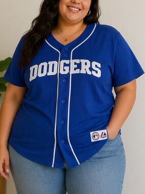 Dodgers Majestic Blue Baseball Button-Up Jersey with White Piping